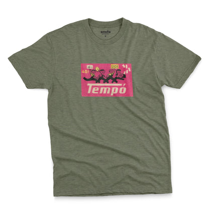 A green t-shirt with a retro advertisement for Tempo temporary staffing agency, featuring cartoon character workers.