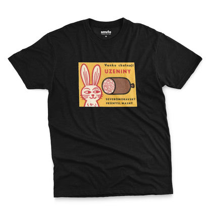 A black t-shirt with a vintage advertisement for the North Moravian Meat Industry sausage.