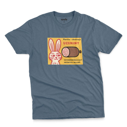 A blue t-shirt with a vintage advertisement for the North Moravian Meat Industry sausage.