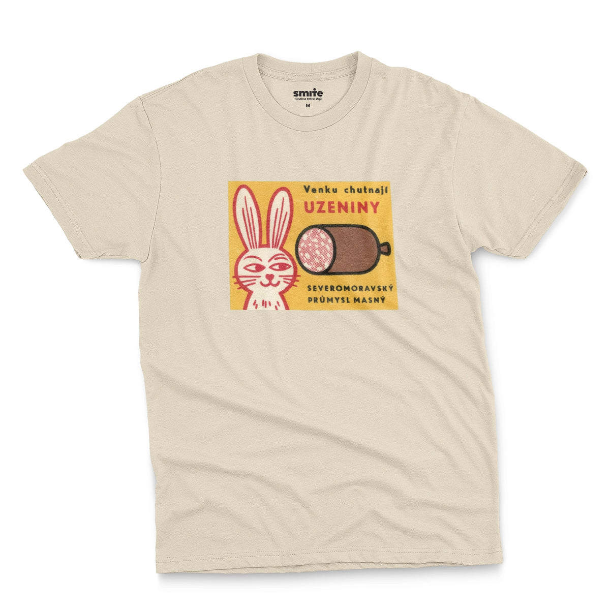 A beige t-shirt with a vintage advertisement for the North Moravian Meat Industry sausage.