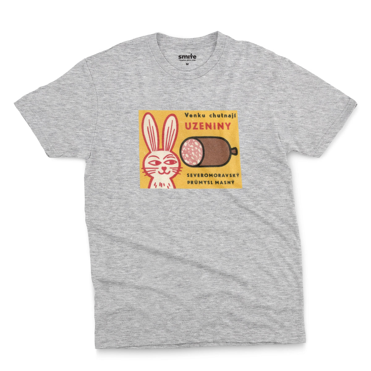 A gray marle t-shirt with a vintage advertisement for the North Moravian Meat Industry sausage.