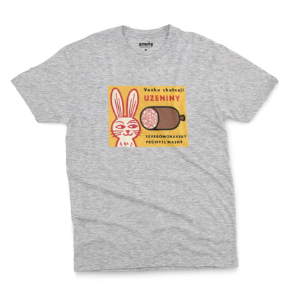 A gray marle t-shirt with a vintage advertisement for the North Moravian Meat Industry sausage.
