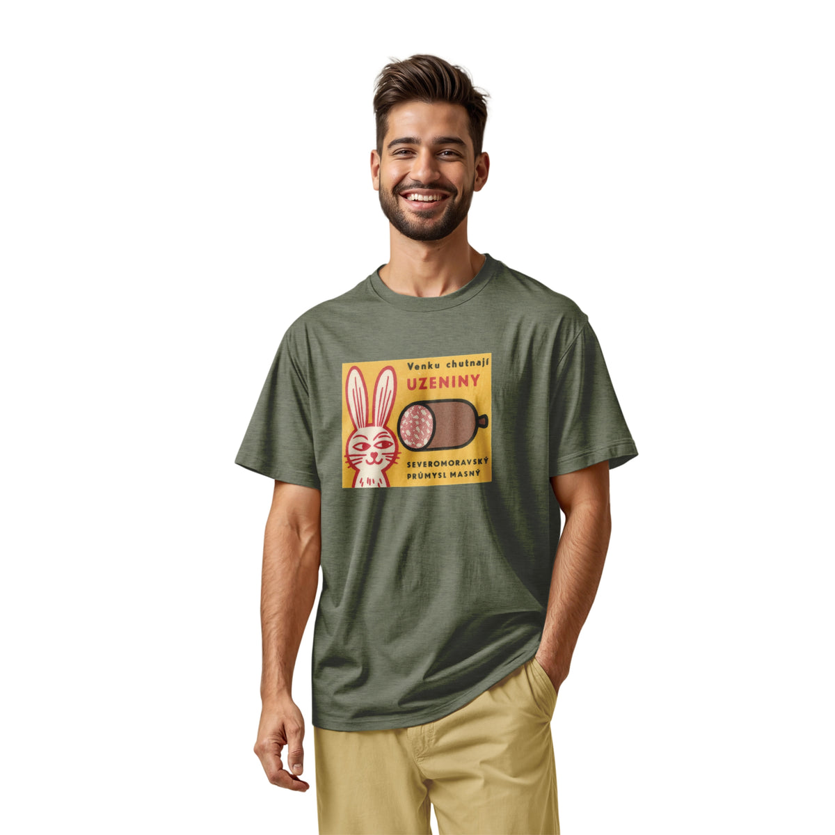 A green t-shirt with a vintage advertisement for the North Moravian Meat Industry sausage.