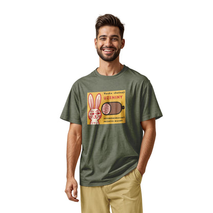 A green t-shirt with a vintage advertisement for the North Moravian Meat Industry sausage.