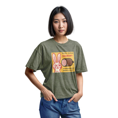 A green t-shirt with a vintage advertisement for the North Moravian Meat Industry sausage.