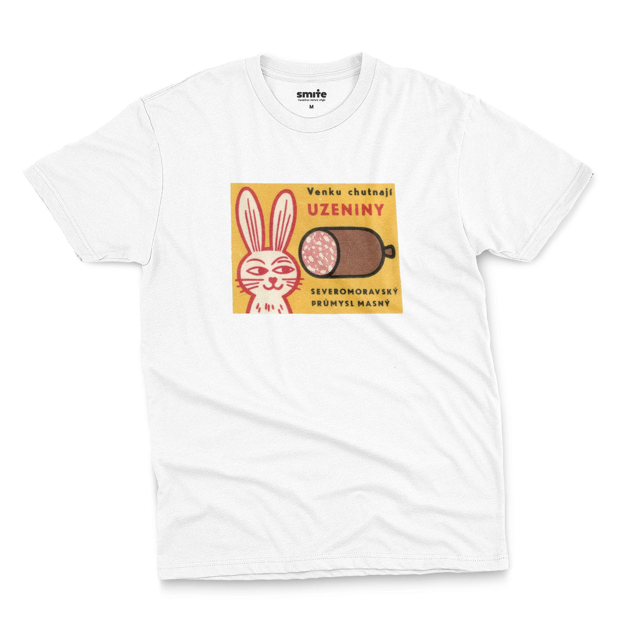 A white t-shirt with a vintage advertisement for the North Moravian Meat Industry sausage.