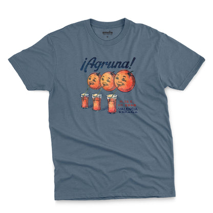 A blue t-shirt with a graphic print of Agruna brand fruit crate art from Valencia, Spain in the early 1900's.