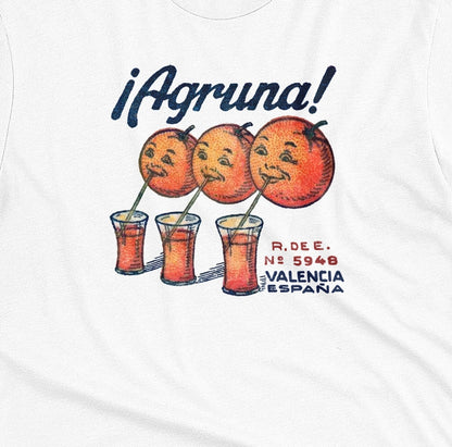 A white t-shirt with a graphic print of Agruna brand fruit crate art from Valencia, Spain in the early 1900's.