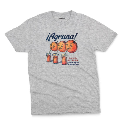 A gray marle t-shirt with a graphic print of Agruna brand fruit crate art from Valencia, Spain in the early 1900's.