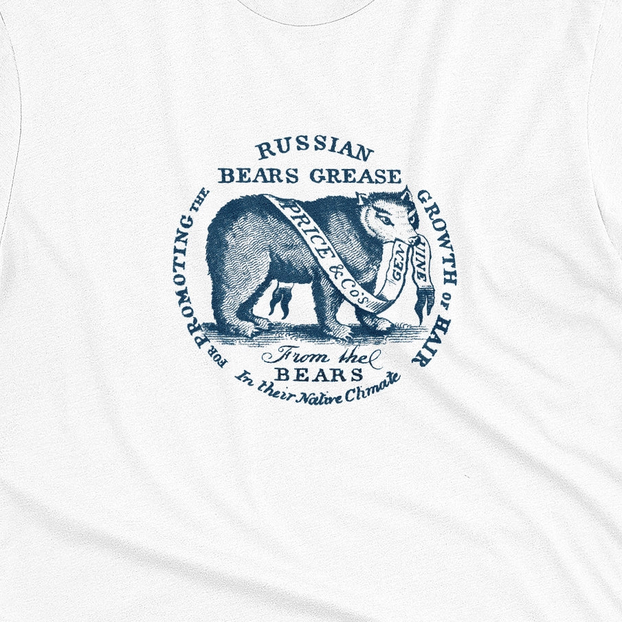 A white t-shirt with the graphics from the lid of a ceramic jar of 'Russian Bears Grease' produced in Victorian England to cure baldness.