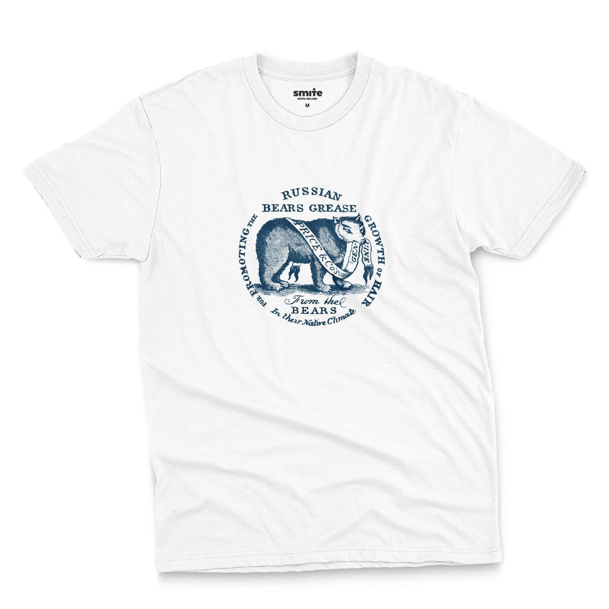 A white t-shirt with the graphics from the lid of a ceramic jar of 'Russian Bears Grease' produced in Victorian England to cure baldness.
