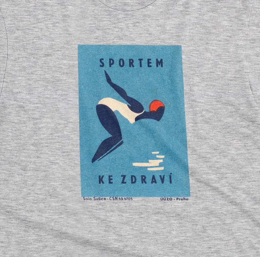 A gray marle t-shirt featuring a retro Czech Government ad promoting sports from the 1970s.