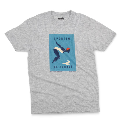 A gray marle t-shirt featuring a retro Czech Government ad promoting sports from the 1970s.