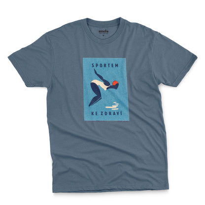 A blue t-shirt featuring a retro Czech Government ad promoting sports from the 1970s.