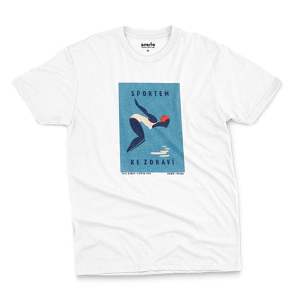 A white t-shirt featuring a retro Czech Government ad promoting sports from the 1970s.