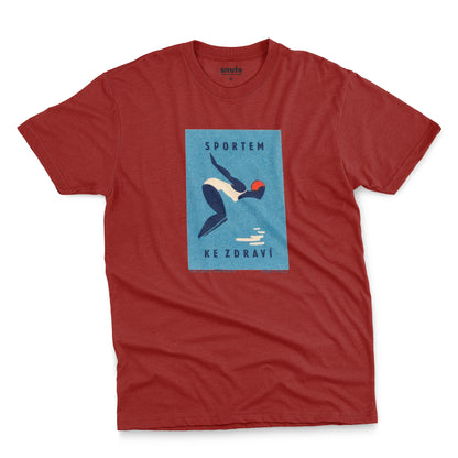 A red t-shirt featuring a retro Czech Government ad promoting sports from the 1970s.