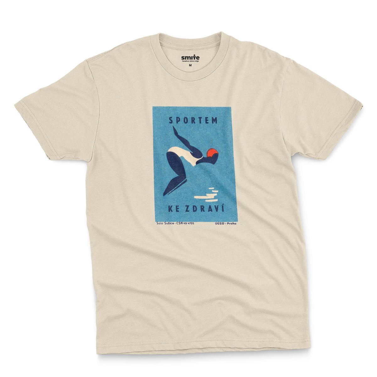 A beige t-shirt featuring a retro Czech Government ad promoting sports from the 1970s.