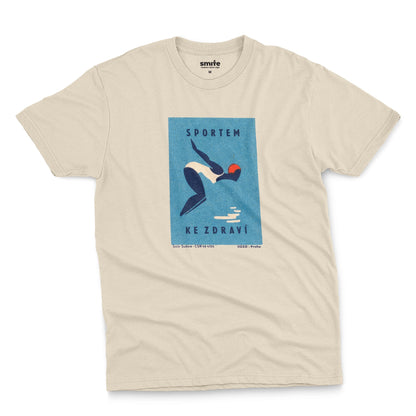 A beige t-shirt featuring a retro Czech Government ad promoting sports from the 1970s.