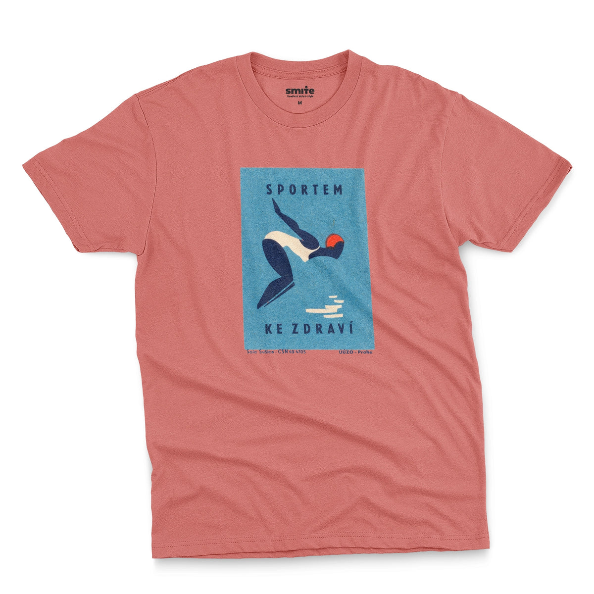 A coral pink t-shirt featuring a retro Czech Government ad promoting sports from the 1970s.