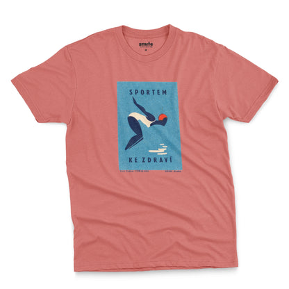 A coral pink t-shirt featuring a retro Czech Government ad promoting sports from the 1970s.