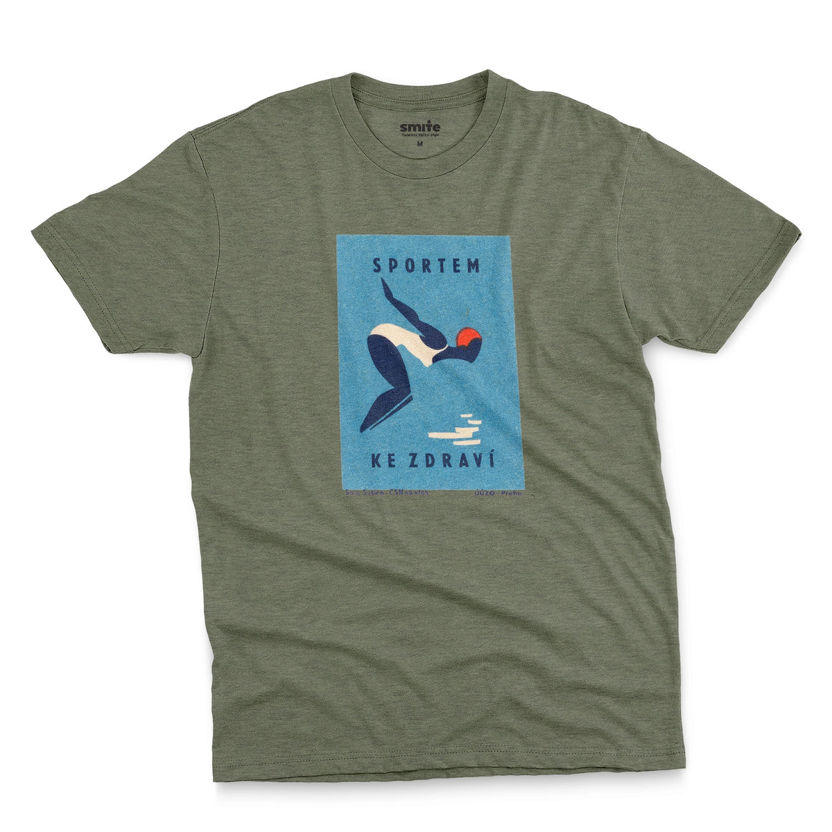A green t-shirt featuring a retro Czech Government ad promoting sports from the 1970s.