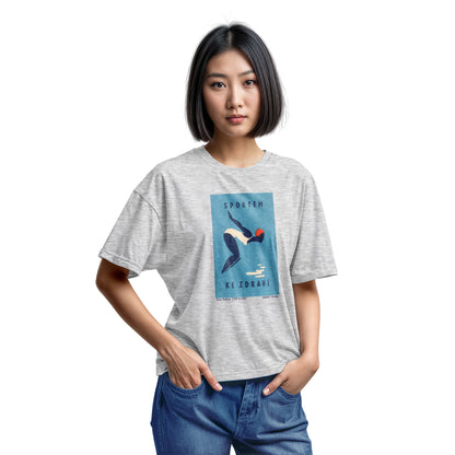 A gray marle t-shirt featuring a retro Czech Government ad promoting sports from the 1970s.