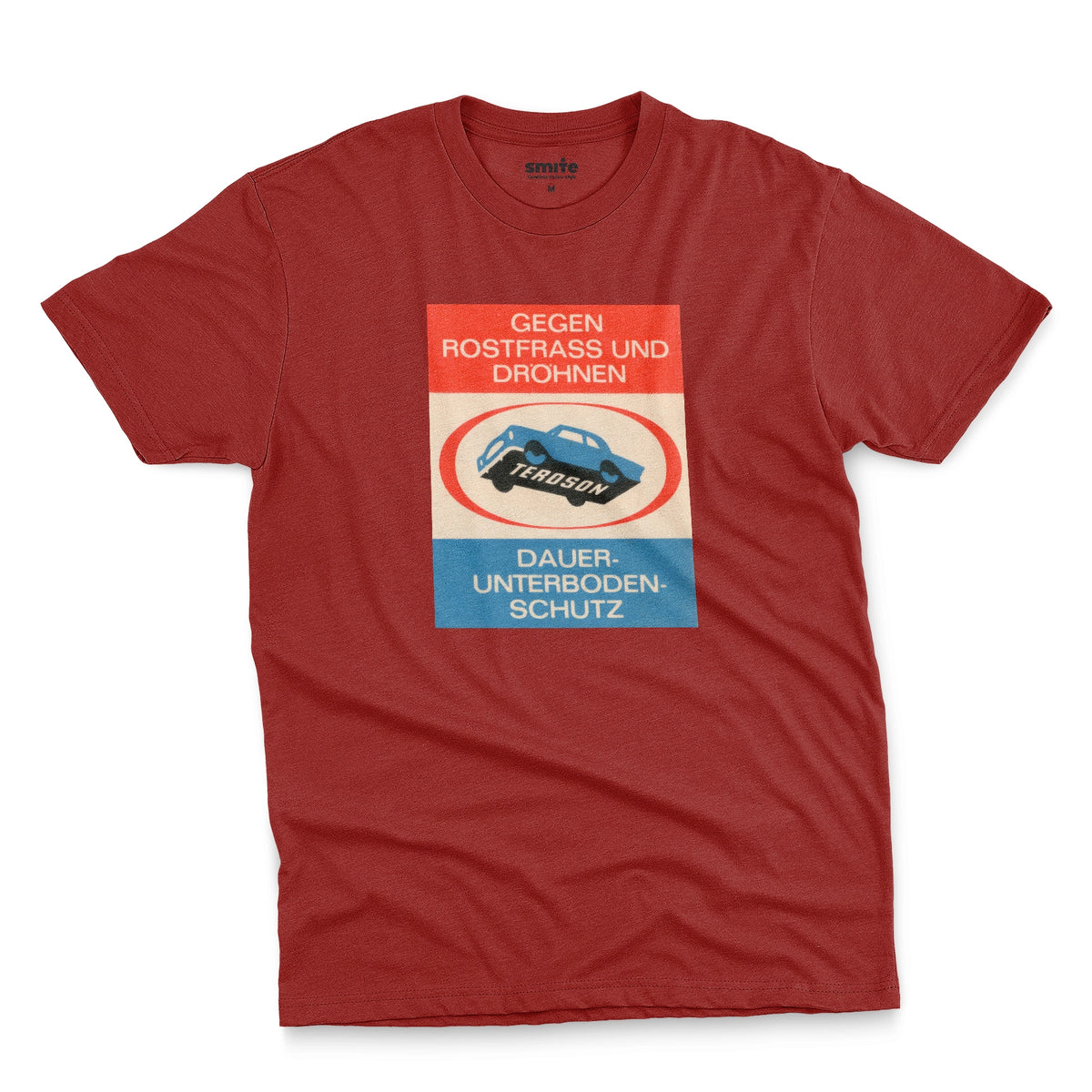 A red t-shirt with a German underbody protection advertisement for Teroson from the 1960s. In English it reads 'Against rust and pounding. Teroson. Permanent underbody protection'.