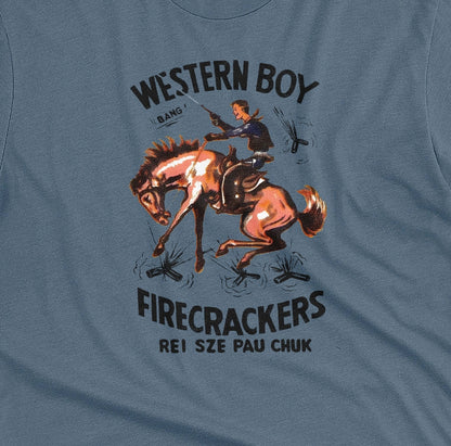 A blue t-shirt with vintage packaging for Chinese made US firecracker brand Western Boy.