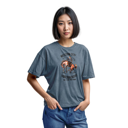 A blue t-shirt with vintage packaging for Chinese made US firecracker brand Western Boy.