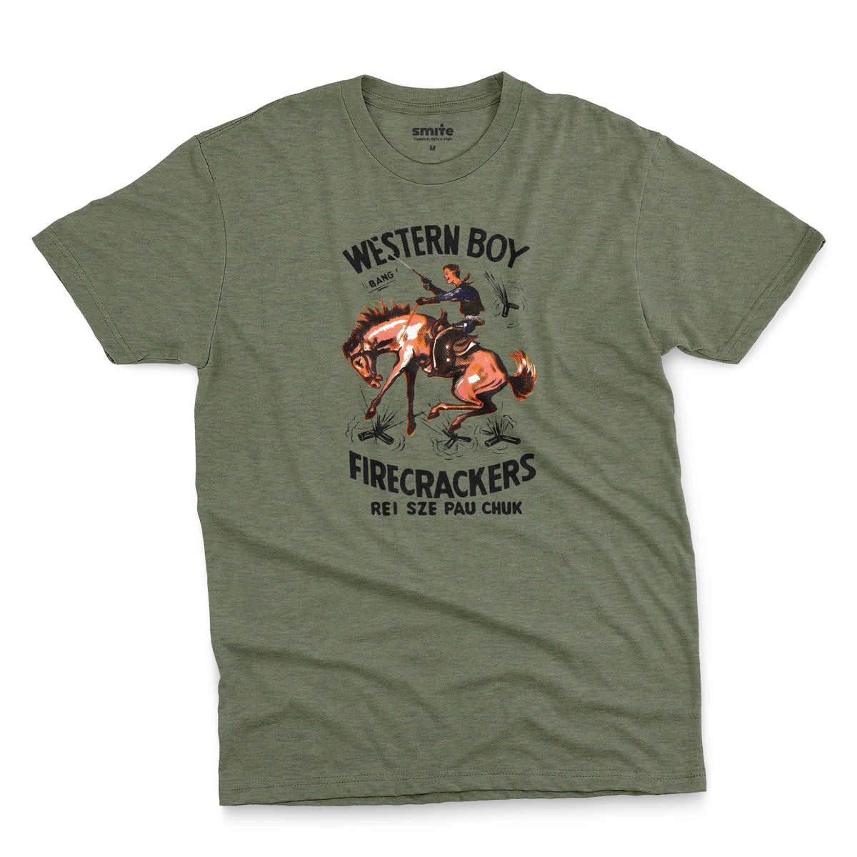 A green t-shirt with vintage packaging for Chinese made US firecracker brand Western Boy.