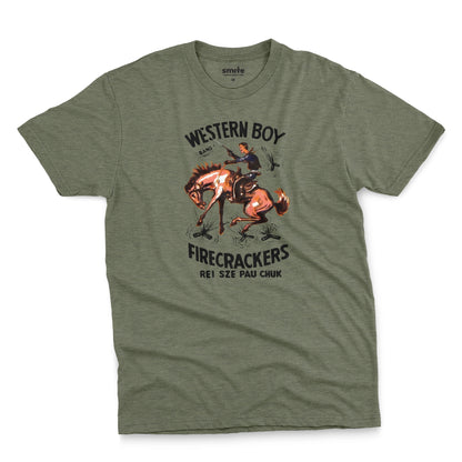 A green t-shirt with vintage packaging for Chinese made US firecracker brand Western Boy.