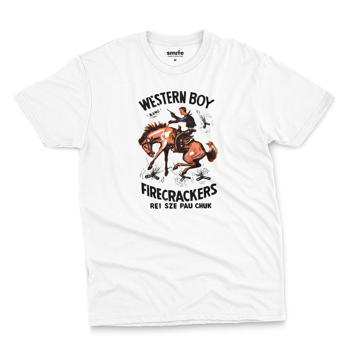 A white t-shirt with vintage packaging for Chinese made US firecracker brand Western Boy.