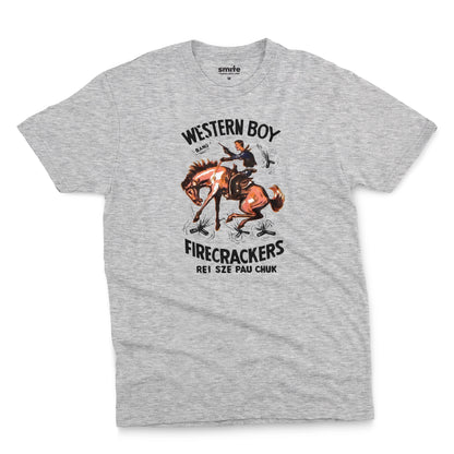 A gray marle t-shirt with vintage packaging for Chinese made US firecracker brand Western Boy.