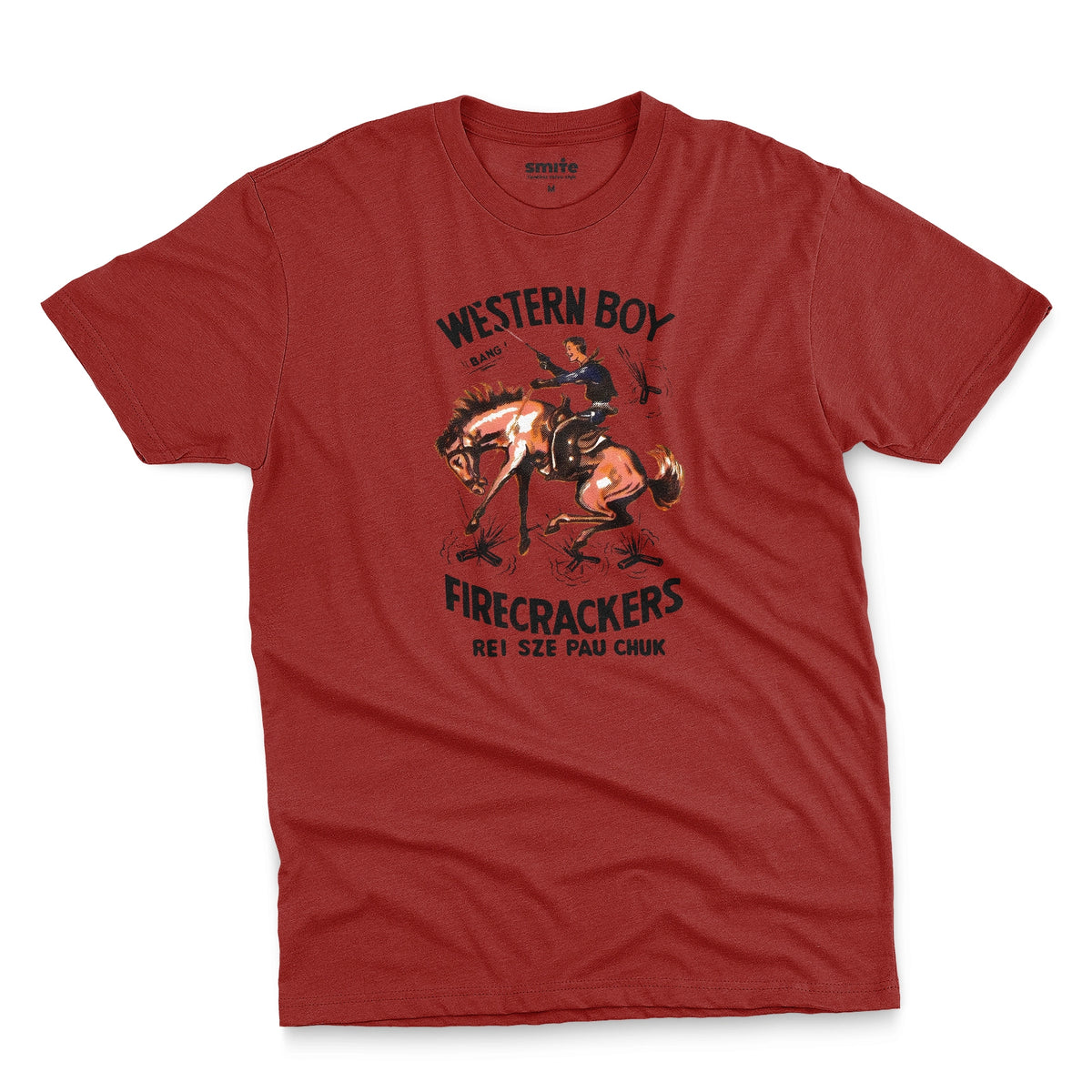 A red t-shirt with vintage packaging for Chinese made US firecracker brand Western Boy.