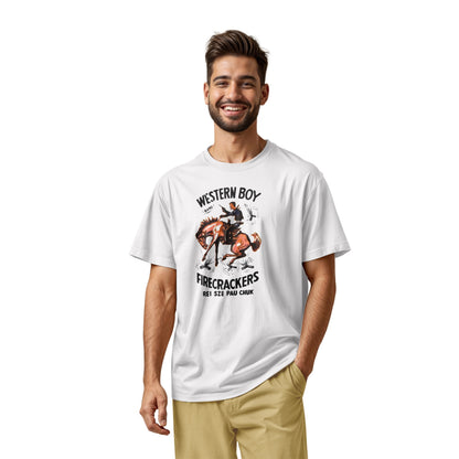 A white t-shirt with vintage packaging for Chinese made US firecracker brand Western Boy.