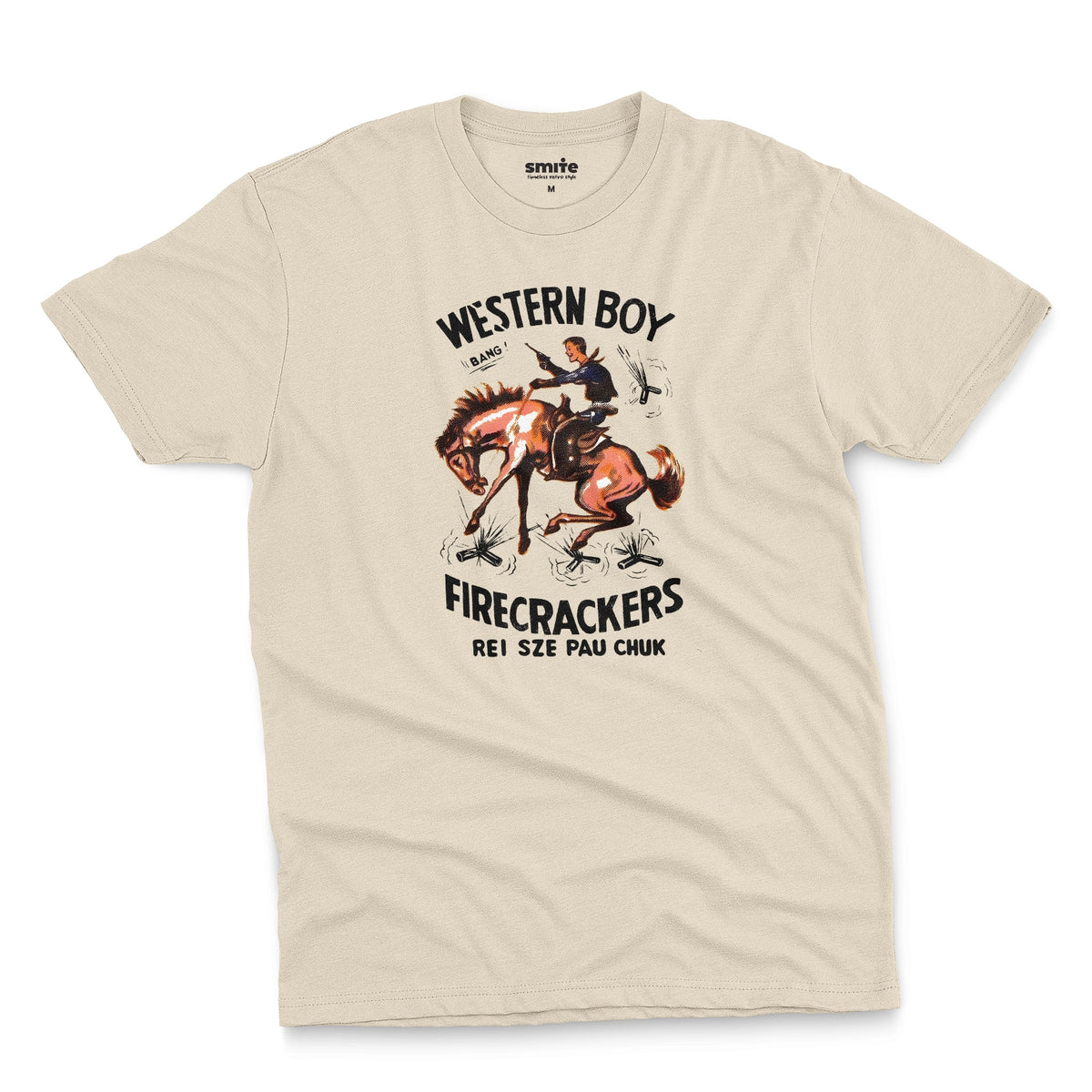 A beige t-shirt with vintage packaging for Chinese made US firecracker brand Western Boy.