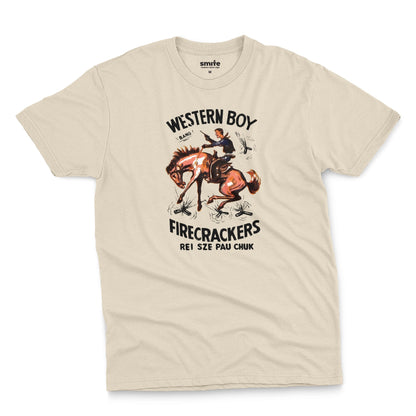 A beige t-shirt with vintage packaging for Chinese made US firecracker brand Western Boy.