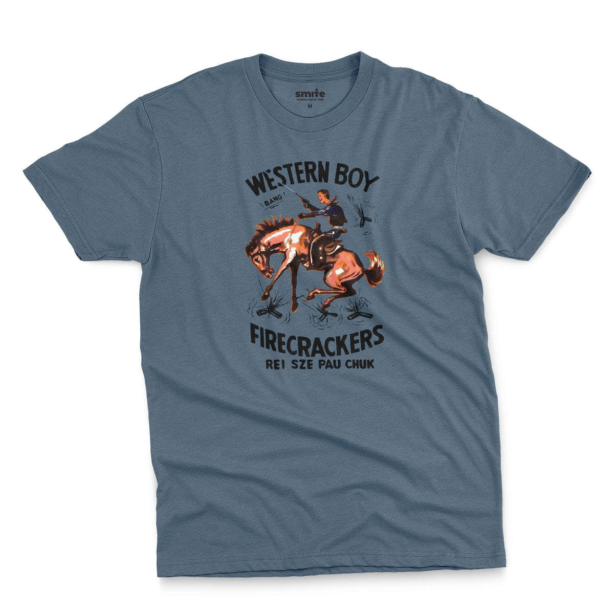 A blue t-shirt with vintage packaging for Chinese made US firecracker brand Western Boy.