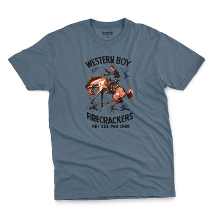 A blue t-shirt with vintage packaging for Chinese made US firecracker brand Western Boy.