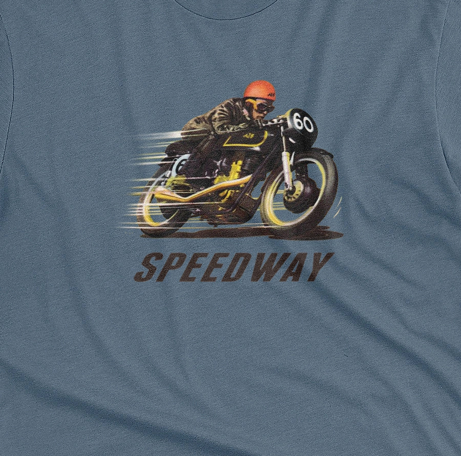 A blue t-shirt with a retro graphic of motorcycle racer and the word Speedway.