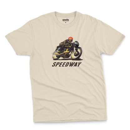 A beige t-shirt with a retro graphic of motorcycle racer and the word Speedway.