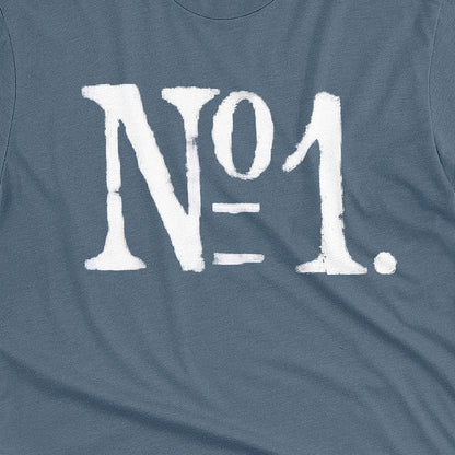 A blue t-shirt with a distressed white graphic print reading 'N°1.' on the front.