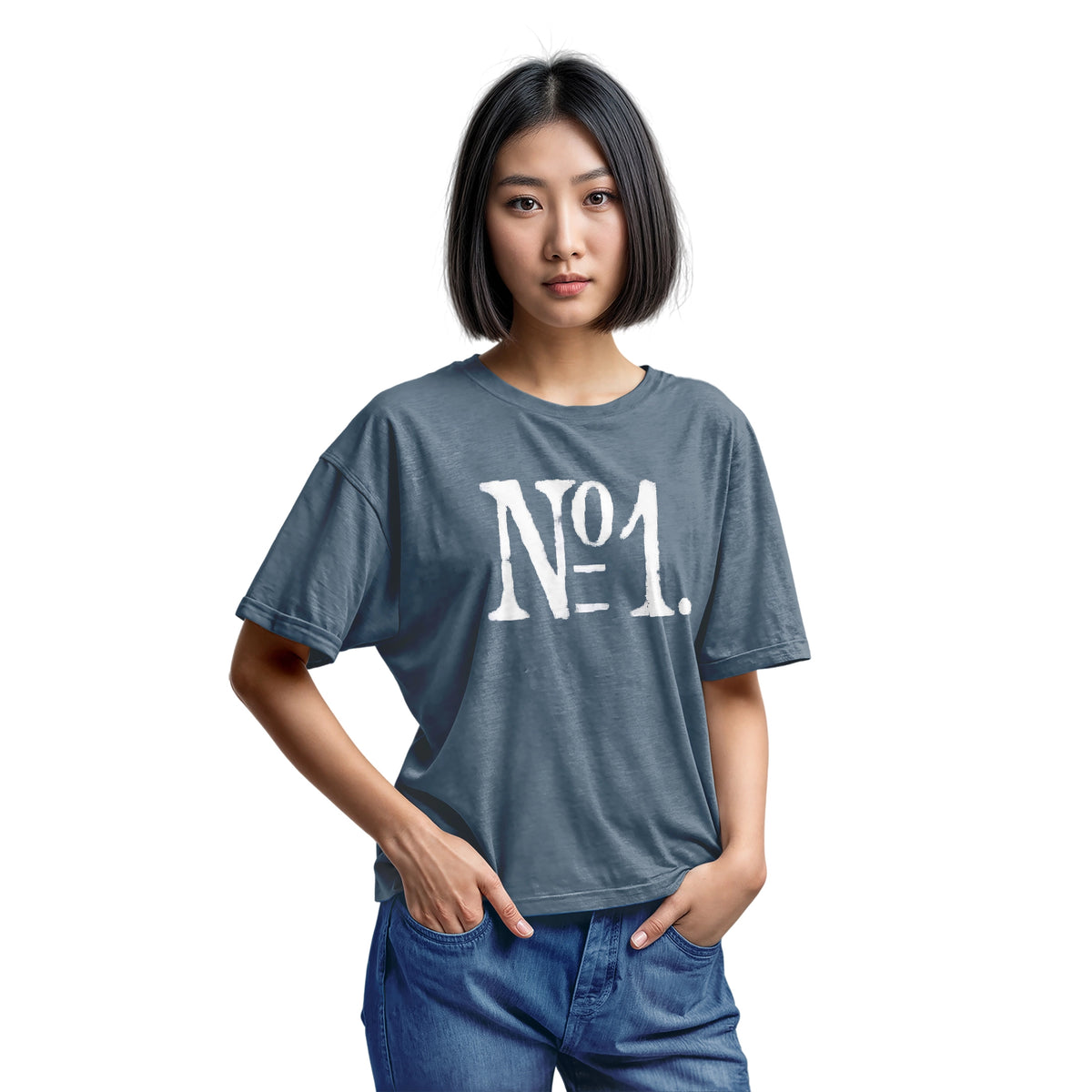 A blue t-shirt with a distressed white graphic print reading 'N°1.' on the front.