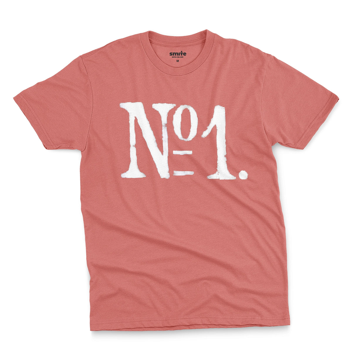 A coral pink t-shirt with a distressed white graphic print reading 'N°1.' on the front.