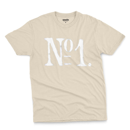 A beige t-shirt with a distressed white graphic print reading 'N°1.' on the front.