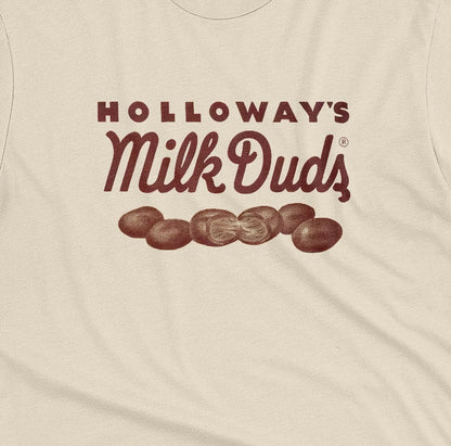 A beige t-shirt with vintage Milk Duds packaging graphics.