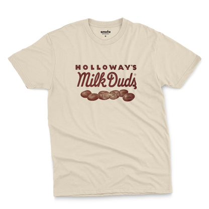 A beige t-shirt with vintage Milk Duds packaging graphics.