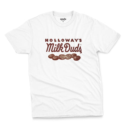 A white t-shirt with vintage Milk Duds packaging graphics.