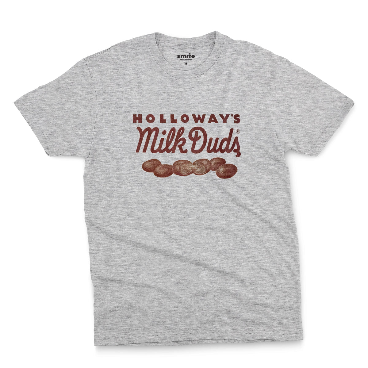 A gray marle t-shirt with vintage Milk Duds packaging graphics.