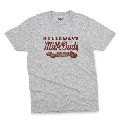 A gray marle t-shirt with vintage Milk Duds packaging graphics.
